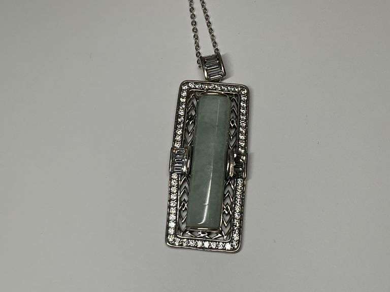 Sterling Silver 7.5x30mm Green Jade & Multi CZ Gem 1.875 in. Pendant...18 in. Necklace image