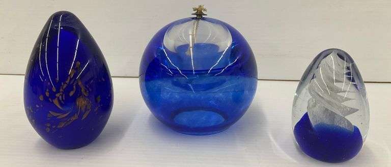 Two Blue Hand Blown Glass Paperweights & Oil Lamp Infuser image