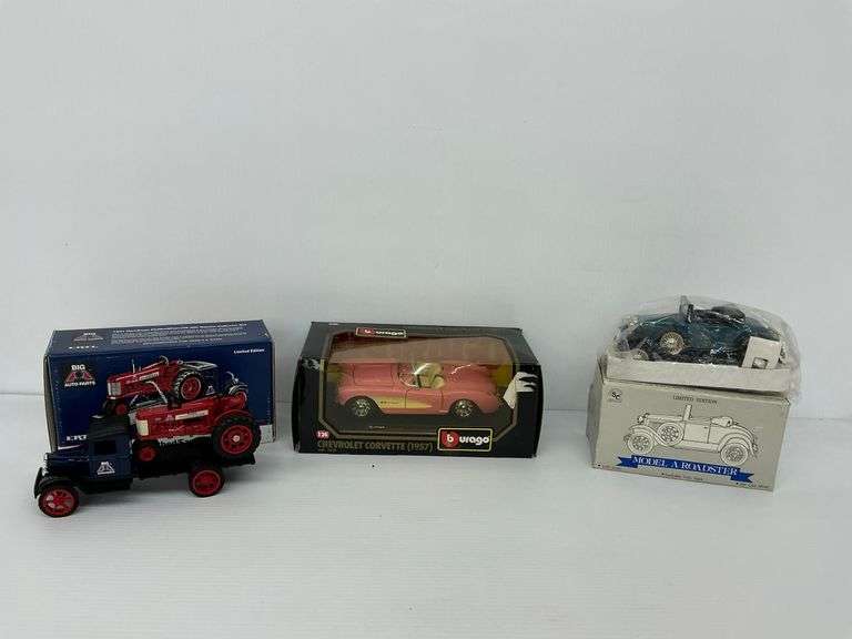 Burago Chevrolet Corvette Diecast Model Car, Ertl Hawkeye Flatbed/Farmall 350 Tractor and Model A Roadster image