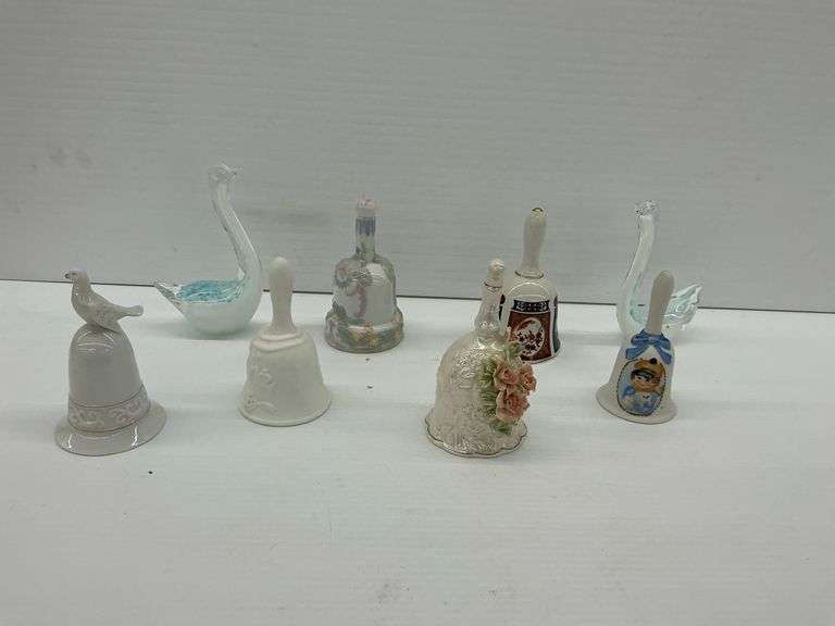 Assorted Decorative Hand Bells and Art Glass Swans Collection image
