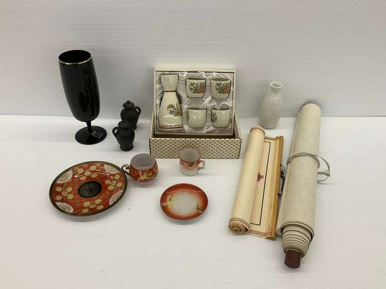 Japanese Art Scroll, Sake Set, Oneida, and Decorative Glassware image