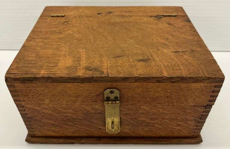 Vintage Dovetailed Wooden Box with Hinged Lid and Metal Latch image