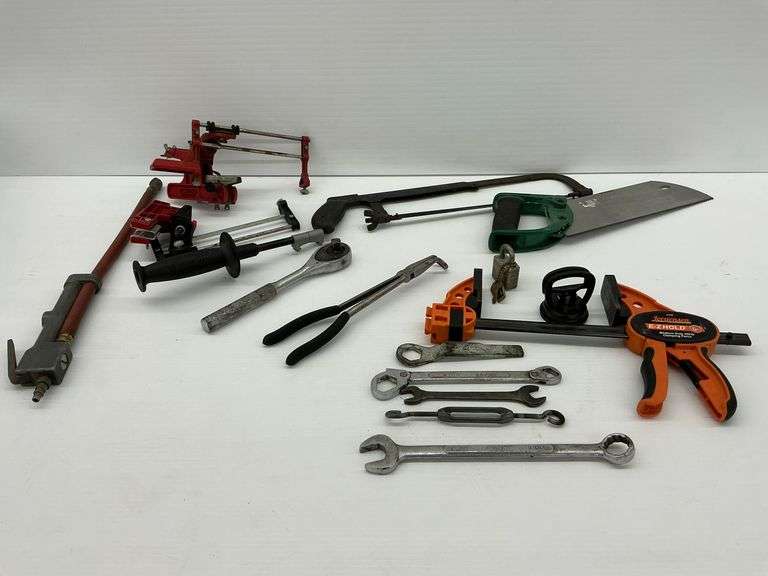 Assorted Hand Tools: Saws, Wrenches, Clamp, & More image