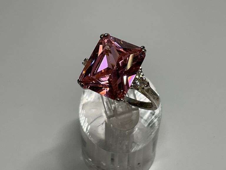 Sterling Silver 12x14mm Asscher Cut Pink CZ Gemstone Ring w/CZ Accents...Size 8 image