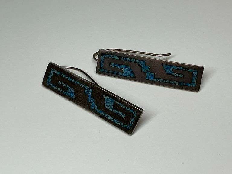 Taxco Mexican Silver Crushed Turquoise Inlay Modernist Earrings image
