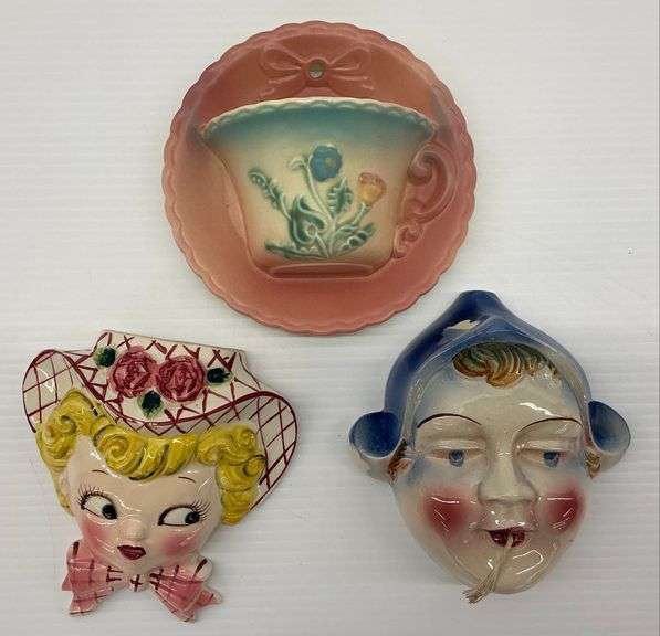 Vintage Lefton Miss Dainty, Dutch Girl String Holder, Hull Pottery Bowknot Wall Pocket image