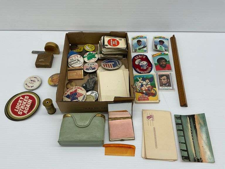 Mixed Lot: Sports Cards, Buttons, Postcards, Compacts, and Memorabilia image