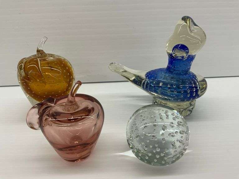 Four Art Glass Paperweights - Apples, Duck & Sphere...see description image