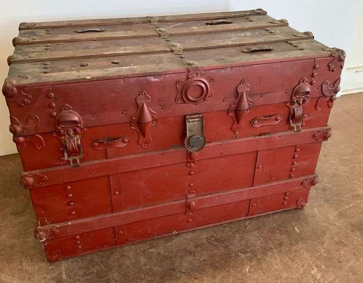 Antique Flat Top Trunk Painted Red image
