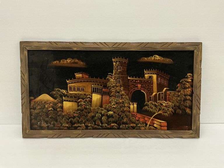 MCM Framed Velvet Painting of a Castle Landscape image