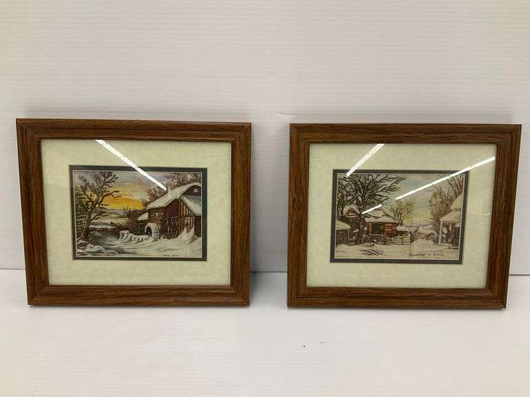 Framed "Farmyard in Winter" and "Old Mill" Needlework Pictures image