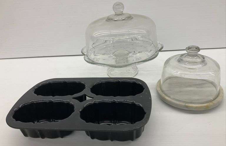 Glass Cloche, Cake Stand, and Loaf Pan image