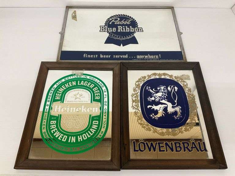 Three Beer Advertising Mirrors - Lowenbrau, Pabst Blue Ribbon, and Heineken image