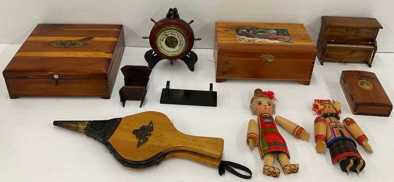 Wooden Items Including Bible Box, Folk Dolls, Barometer, Bellows, and More image