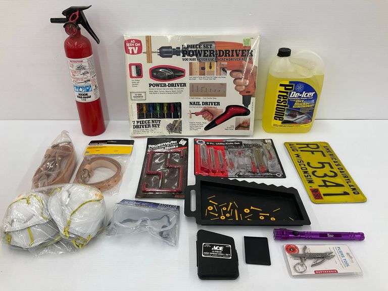Tools and Hardware Lot Including Power-Driver, Fire Extinguisher, Prestone De-Icer & More image