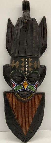 Hand Carved Tribal Style Mask with Beaded Detailing image