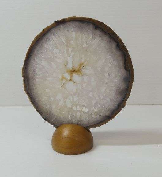 Agate Slice Geode Specimen with Wooden Stand image