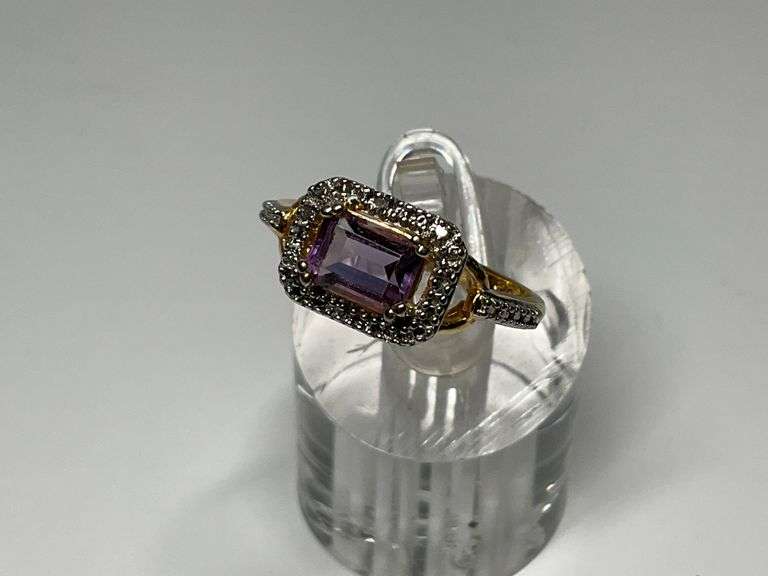 Gold Washed Sterling Silver & Emerald Cut Amethyst Gemstone Ring...Size 8 image