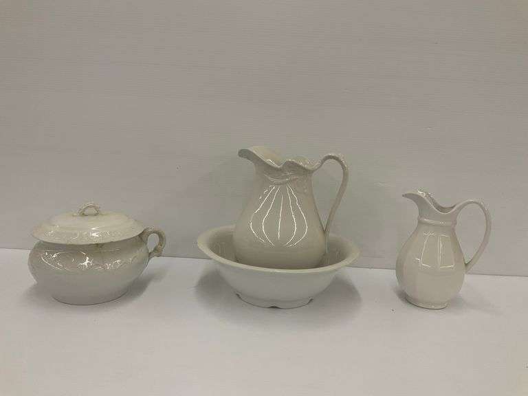 Ceramic Pitchers, Wash Basin and Chamber Pot... some chips image