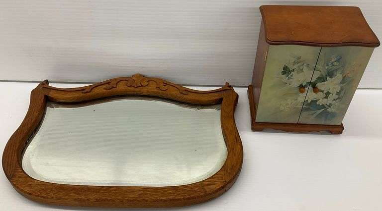 Floral Design Wooden Jewelry Box and Wood Framed Beveled Mirror image