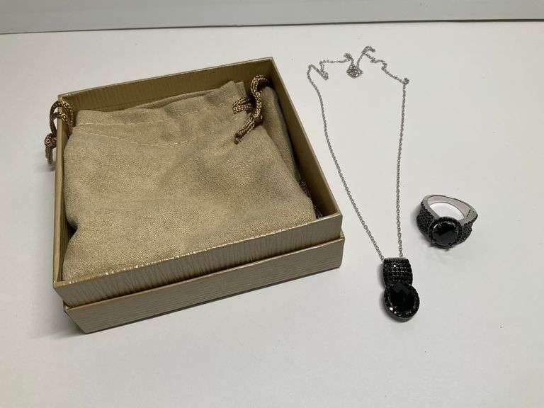 Black Spinel Rhodium Over Sterling Silver Pendant Necklace & Ring Set image