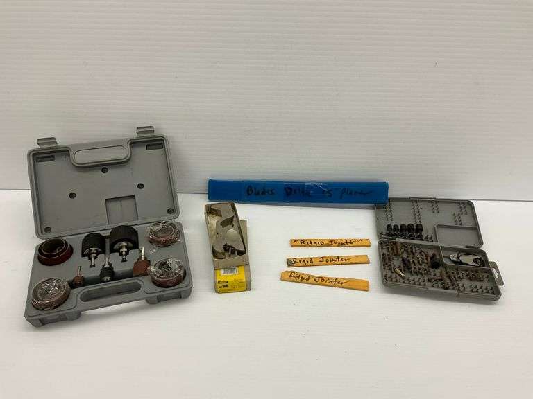 Tool and Accessories Lot: Delta Sanding Drum Kit, Driver Set, Delta Planer Blades, and Stanley Plane image