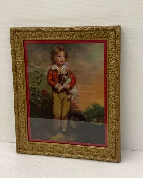 Framed Print of Boy with Dog  in Ornate Frame image
