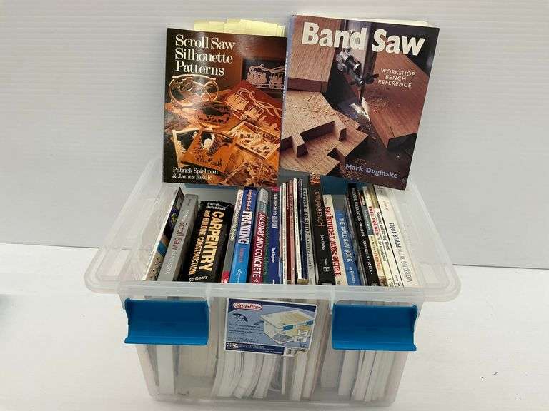 Collection of Woodworking and Construction Books in Sterilite Container image