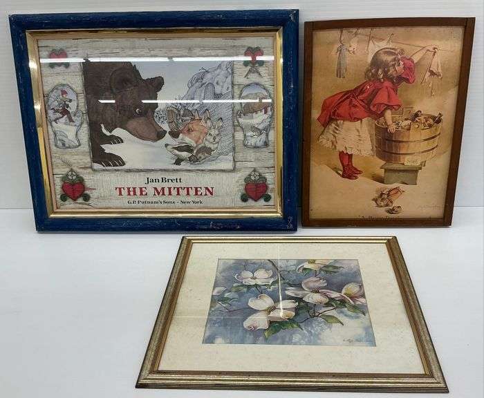 Framed Artwork - Jan Brett "The Mitten" Print, "A Busy Day" Print & Floral Watercolor Print image