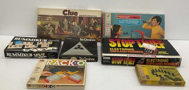 Assorted Board Games Lot - Clue, Battleship, Rack-O, Rummikub, Stop Thief, Dominoes and Tri-Ominos image