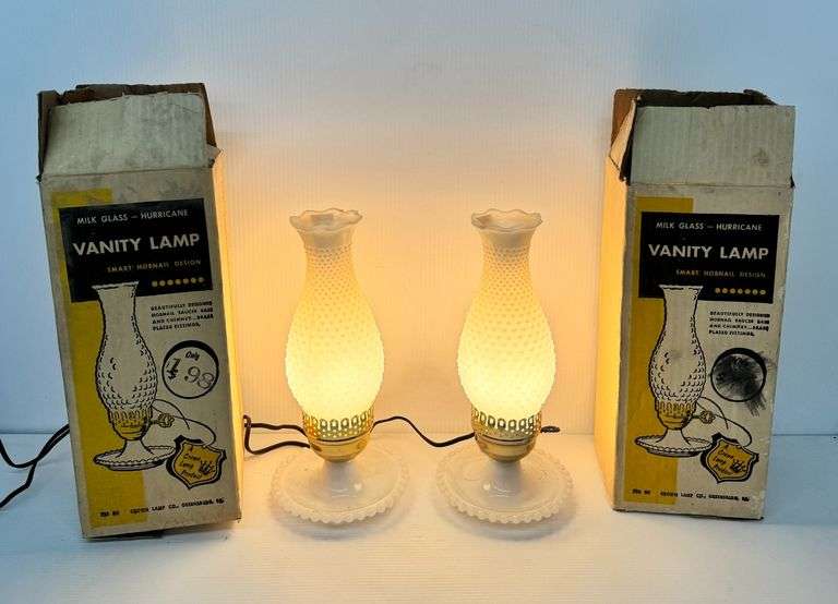 Pair of Vintage Hobnail Milk Glass Hurricane Vanity Lamps ... work image