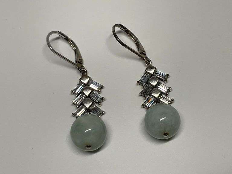 Sterling Silver 10mm Green Jade Sphere & Multi Baguette CZ 1.5 in. Leverback Dangle Earrings image