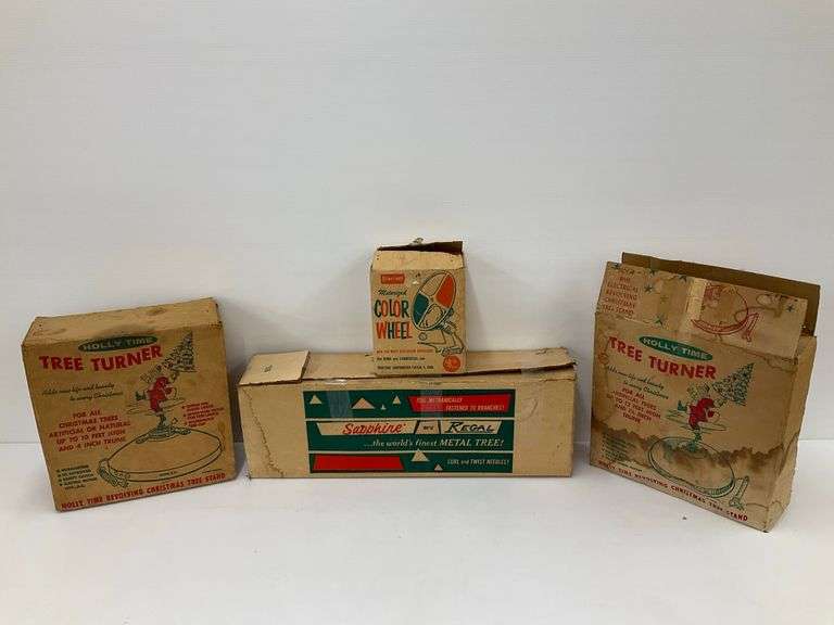 Vintage Christmas Tree Accessories: Holly Time Tree Turners, Penetray Color Wheel, Regal Sapphire Aluminum Tree image