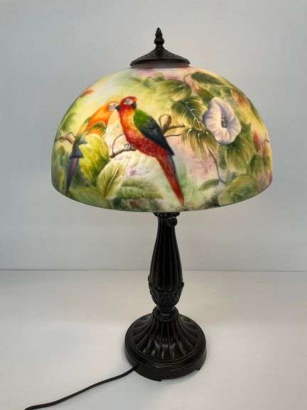 Floral and Parrot Painted Glass Table Lamp... works image