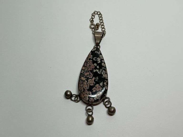 Sterling Silver Pendant with Teardrop Snowflake Obsidian Stone image