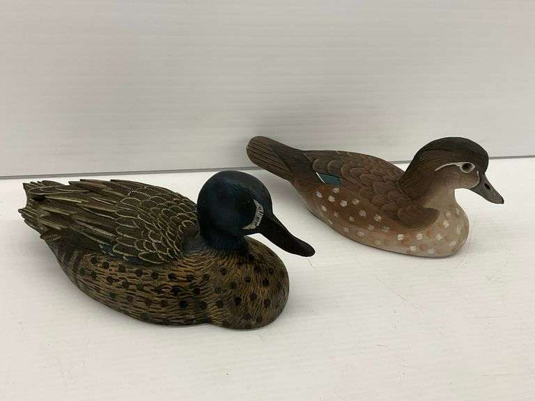 Pair of Signed Wooden Duck Figurines image