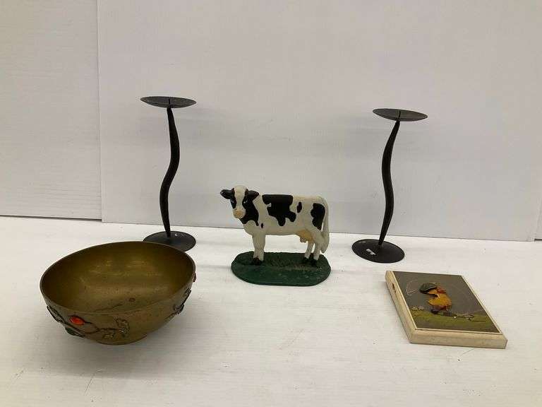 Suzy Spafford Framed Art, Brass Bowl, Metal Cow, and Candle Holders image