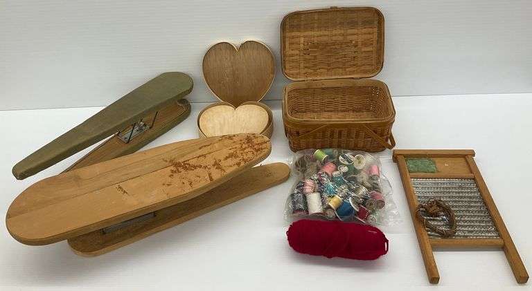 Wooden Craft & Sewing Supplies Lot: Pressing Boards, Basket, Heart Boxes, Thread and More image