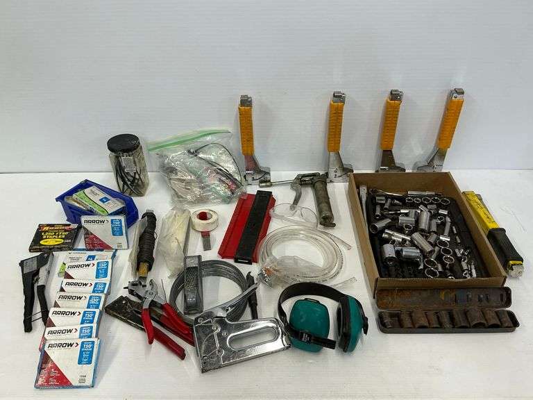 Mixed Lot of Tools and Hardware: Sockets, Staplers, Staples, and More image