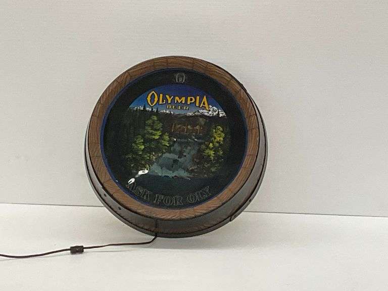 Olympia Beer Waterfall Barrel Head Lighted Sign, did not light up image