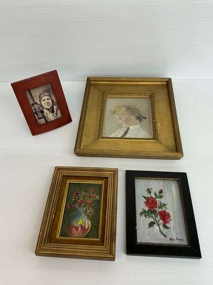 Group of Three Small Framed Art Pieces and Framed Photo image