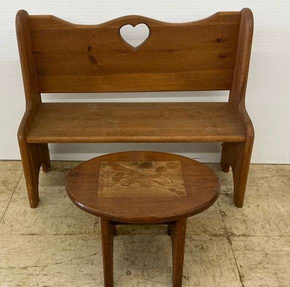 Child's Wooden Bench with Heart Detail and Stool image
