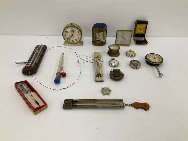 Collection of Vintage Clocks, Watches and Thermometers...see photos image
