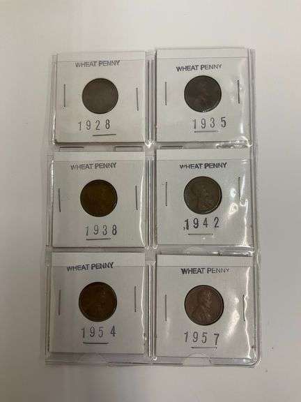 Lot of Six Wheat Pennies - 1928, 1935, 1938, 1942, 1954, 1957 image