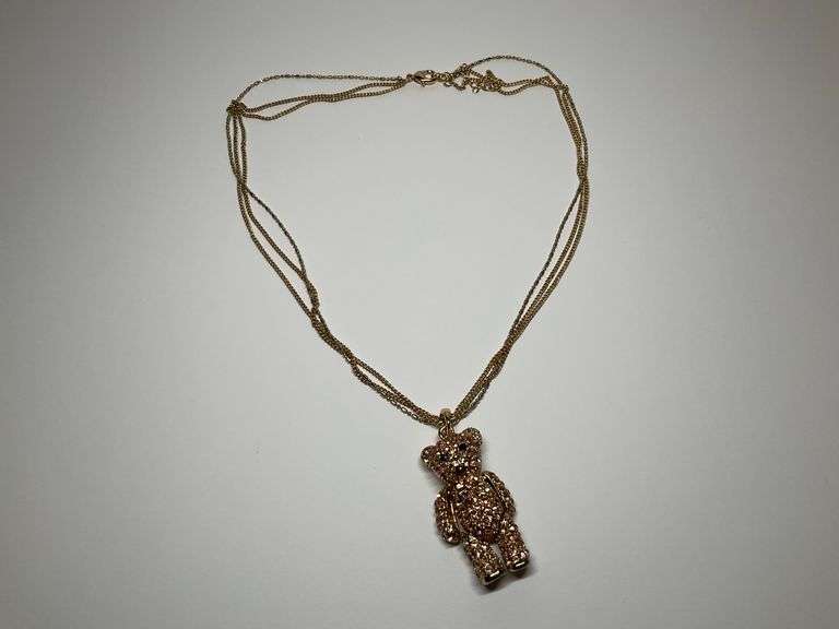 Off Park Collection Black & Peach Crystal Gold Tone Teddy Bear Pendant & 18 in. Triple Strand Chain image
