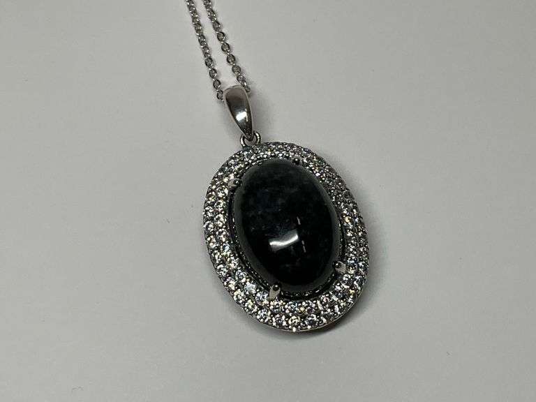 Sterling Silver 9x13mm Marbled Grey Jade & Double Halo Cz Gems 1.375 in. Pendant...18 in. Necklace image