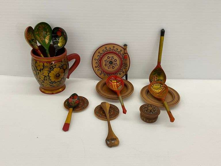 Russian Khokhloma Painted Wood Kitchenware Group image