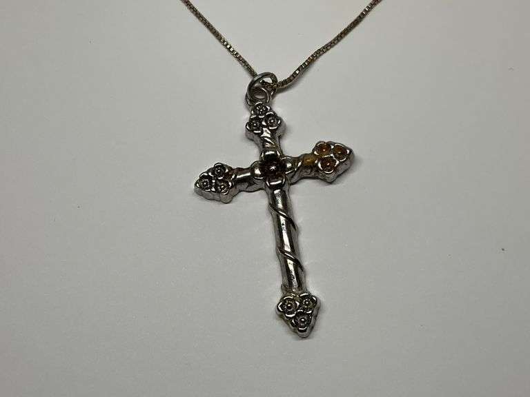 Sterling Silver Floral Cross Pendant on Chain image
