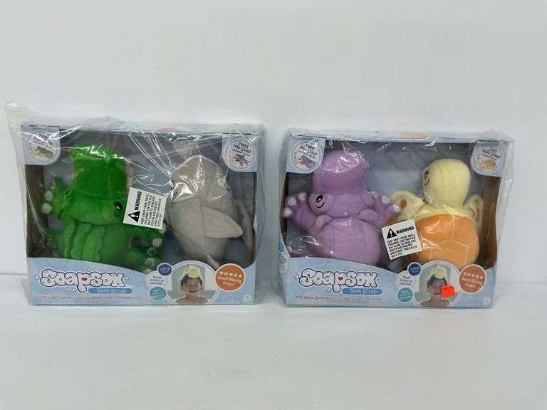 Two New SoapSox Kids Bath Scrub Sets - Alligator/Shark and Hippo/Turtle image