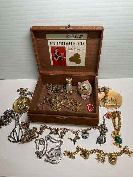 Cigar Box Filled with Vintage Cat Themed Jewelry image